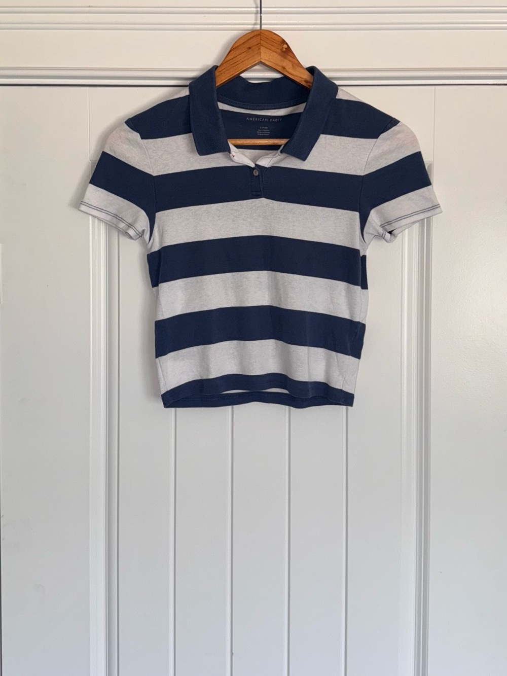 American Eagle Outfitters Navy & White Striped Cropped Polo